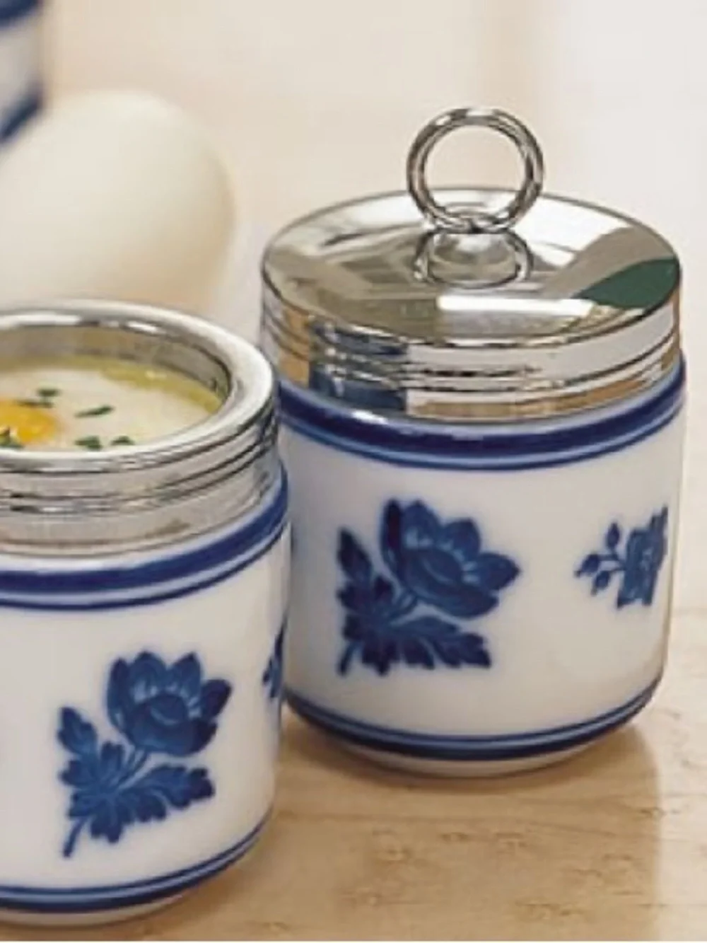 Williams Sonoma French Floral Blue and White Double Egg Coddler